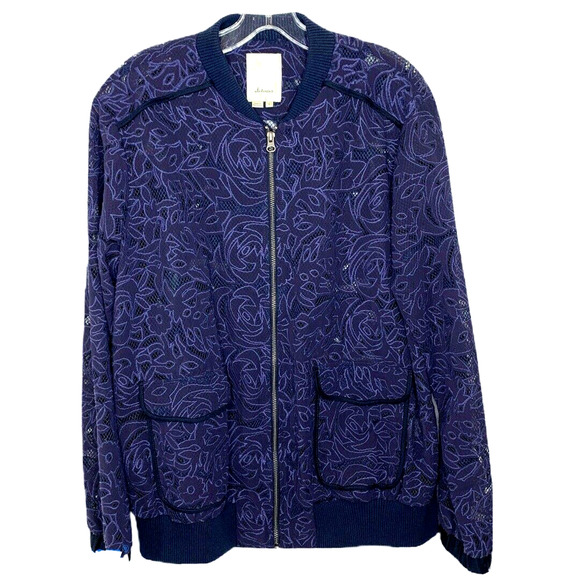 Anthropologie Elevenses Blue Semi-Sheer Miranda Lace Bomber Womens Size L - Picture 2 of 8